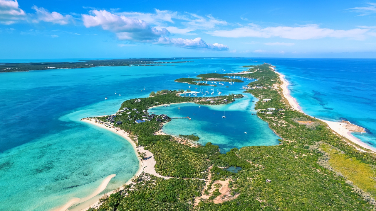 Drone aerial view of Stocking Island, Great Exuma, Bahamas