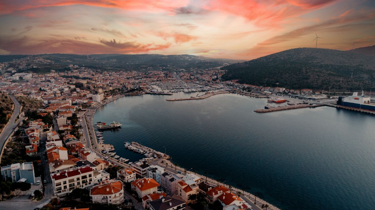 Aerial view of Izmir, Cesme, the historical Cesme castle and marina, the world famous district of turkey in tourism
